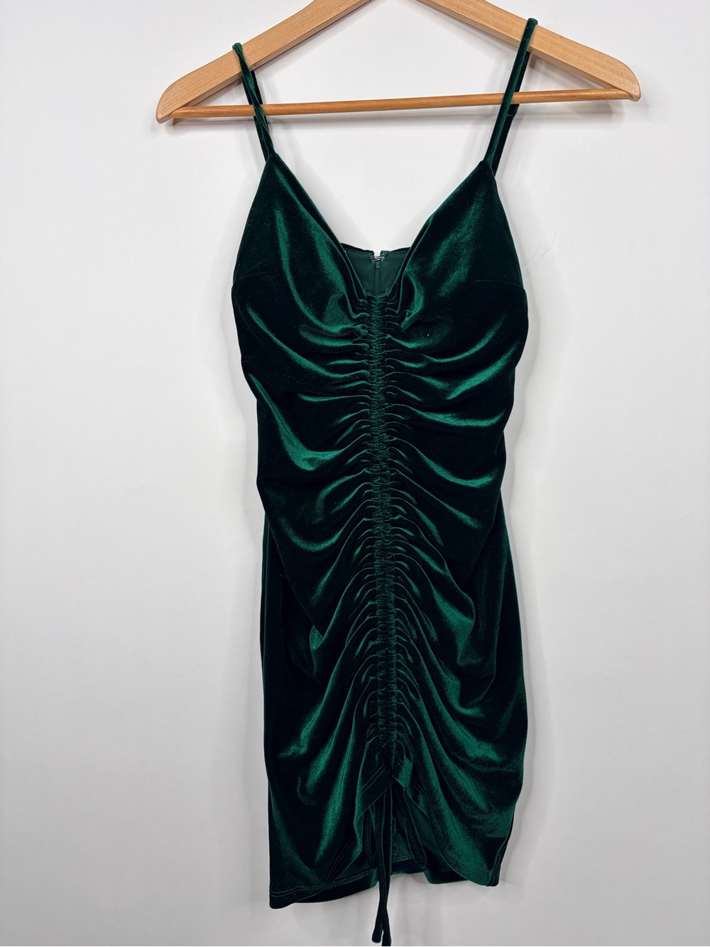 Ruched Emerald Satin Mini Dress with Spaghetti Straps